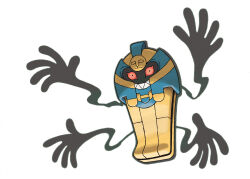 artist_request cofagrigus extra_arms full_body gen_5_pokemon grin highres nintendo no_humans official_art pokemon pokemon_(creature) pokemon_bw pokemon_focus red_eyes sarcophagus sharp_teeth simple_background smile solo teeth third-party_source white_background