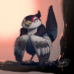 animal_focus bird branch claws commentary_request creature full_body gen_5_pokemon highres jyunhh looking_at_viewer nintendo no_humans outdoors pokemon pokemon_(creature) pokemon_focus signature sky solo standing tranquill yellow_eyes