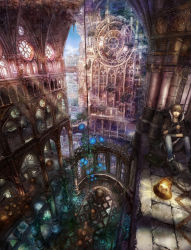 1boy absurdres anachronism architecture blonde_hair blue_eyes book church coat flower globe gloves gothic_architecture highres indoors light_rays male_focus munashichi original overgrown perspective quatrefoil scenery short_hair sitting solo sunbeam sunlight trefoil_(symbol)