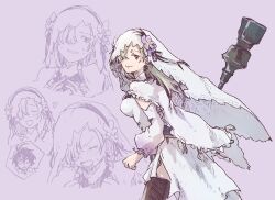 Rule 34 | 1boy, 1girl, aldo (another eden), another eden, black ribbon, black thighhighs, blonde hair, breasts, capelet, closed eyes, closed mouth, commentary request, cowboy shot, detached sleeves, dress, embarrassed, floating clothes, floating hair, flower, frilled capelet, frilled sleeves, frills, from side, hair over one eye, hatching (texture), heart, holding, holding staff, linear hatching, long hair, long sleeves, looking at viewer, looking to the side, medium breasts, michibata 65, multiple views, one eye covered, open mouth, parted bangs, purple background, purple flower, red eyes, ribbon, side slit, simple background, smile, speech bubble, spoken character, staff, sweat, tassel, thighhighs, turning head, v-shaped eyebrows, veil, walking, white capelet, white dress, white veil, yipha (another eden)