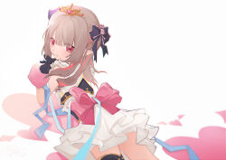 1girl absurdres alamp bike_shorts black_bow black_gloves black_jacket blue_ribbon blunt_bangs bow bracelet colored_inner_hair cowboy_shot crop_top frilled_skirt frills fur_bracelet gloves gold_trim grey_hair hair_bow hair_ornament heart heart_background highres idol_clothes jacket jewelry long_hair lying makaino_ririmu multicolored_hair nijisanji nijisanji_idol_uniform official_alternate_costume on_stomach pink_hair pink_ribbon pointy_ears rabbit_hair_ornament red_eyes ribbon short_shorts shorts skirt sleeveless solo streaked_hair thigh_strap tiara two_side_up virtual_youtuber white_shorts