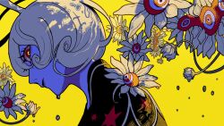 1girl antennae backlighting blonde_hair blue_skin bud colored_skin curly_hair dripping flower highres leaning_forward looking_at_viewer momomo_906 multicolored_eyes original red_eyes short_hair solo star_(symbol) star_print two-tone_eyes yellow_background yellow_eyes yellow_flower