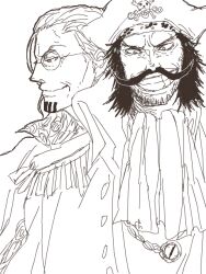 2boys ascot beard_stubble clenched_teeth coat facial_hair glasses gol_d._roger greyscale hair_slicked_back hat kaoru. looking_at_viewer male_focus monochrome multiple_boys mustache one_piece pirate_hat silvers_rayleigh simple_background stubble teeth