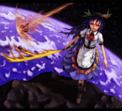 1girl atmospheric_entry aura bad_id bad_pixiv_id blue_hair burning energy female_focus fire flaming_sword flaming_weapon food friction_burn fruit glowing grin hat heat hinanawi_tenshi kurione_(pixiv) kurione_(zassou) leaf long_hair meteor peach pink_eyes plasma red_eyes smile solo sword sword_of_hisou touhou weapon