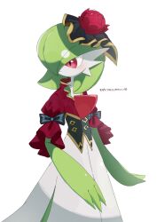 Rule 34 | black bow, bob cut, bow, clothed pokemon, colored skin, dress, flower, gardevoir, gardevoir (aristocrat), gen 3 pokemon, green hair, green skin, hair over one eye, hat, hat flower, highres, multicolored skin, nintendo, pink eyes, pokemon, pokemon (creature), pokemon unite, shicha (yagu), simple background, two-tone skin, white background, white dress, white skin