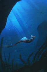 1girl dappled_sunlight dim_lighting fins fish_tail full_body head_fins light_particles mermaid monster_girl original seaweed solo sunlight swimming tail underwater zandra