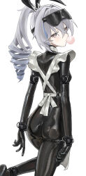 1girl absurdres animal_ears apron ass black_blindfold blindfold bodysuit breasts chewing_gum cuffs fake_animal_ears frilled_apron frills from_behind grey_eyes grey_hair handcuffs highres honkai:_star_rail honkai_(series) impossible_bodysuit impossible_clothes latex latex_bodysuit looking_at_viewer maid_apron ponytail restrained saaal653 silver_wolf_(honkai:_star_rail) skin_tight small_breasts solo standing standing_on_one_leg white_background