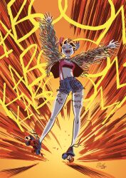 Rule 34 | blue shorts, colored skin, dc comics, e charretier, excited, explosion, explosion background, from below, harley quinn, highres, jacket, leg tattoo, multicolored hair, navel, red tube top, roller skates, shorts, skates, strapless, superhero costume, suspenders, tagme, tattoo, tube top, white skin