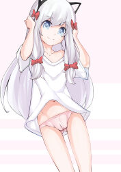 1girl animal_ears blue_eyes cameltoe cat_ears closed_mouth collarbone dot_nose eromanga_sensei eyebrows_hidden_by_hair eyelashes fake_animal_ears feet_out_of_frame female_focus hands_on_own_head hands_up izumi_sagiri loli long_hair moobytes navel off-shoulder_shirt off_shoulder panties pink_background pink_panties shirt simple_background single_bare_shoulder single_off_shoulder smile solo standing t-shirt two-tone_background underwear white_background white_hair white_shirt
