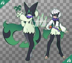 1girl alternate_color black_footwear black_mask black_scarf boots claws fang flaw_eight flower friend_ball full_body green_scarf hand_up holding holding_poke_ball long_sleeves looking_at_viewer meowscarada nest_ball nintendo open_mouth personification poke_ball poke_ball_(basic) pokemon pokemon_(creature) puffy_long_sleeves puffy_sleeves purple_eyes purple_flower scarf shiny_pokemon shirt shorts smile thigh_boots two-sided_scarf white_shirt white_shorts