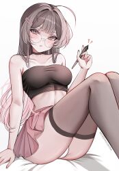 1girl absurdres bare_shoulders black_choker black_thighhighs blush breasts brown_halo chaisia_art choker collarbone commentary cowlick english_commentary feet_out_of_frame fingernails glasses green_eyes hair_between_eyes hair_ornament hairclip halo hand_up highres holding holding_stylus looking_at_viewer medium_breasts michi_(chaisia_art) multicolored_hair original paid_reward_available parted_lips patreon_username pink_hair pink_skirt pleated_skirt round_eyewear sitting skirt solo stomach strapless stylus thighhighs tube_top