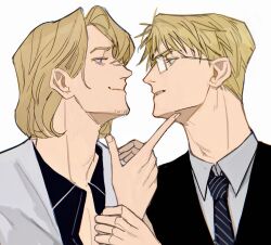 2boys axis_powers_hetalia blonde_hair collared_shirt facial_hair france_(hetalia) glasses goatee_stubble green_eyes hand_on_another&#039;s_chin highres looking_at_another male_focus medium_hair multiple_boys necktie parted_lips portrait purple_eyes shirt short_hair simple_background stubble thick_eyebrows united_kingdom_(hetalia) upper_body wanlaijuji132 white_background yaoi