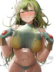 Rule 34 | 1girl, after paizuri, alterkyon, artist name, bikini, bikini bottom only, boku no hero academia, breasts, closed mouth, commentary, crop top, cum, cum in clothes, deku&#039;s photo of hagakure toru, gloves, green eyes, green hair, hagakure toru, highres, large breasts, lifting own clothes, long hair, looking at viewer, multicolored hair, navel, official alternate costume, purple hair, simple background, smile, solo, sweat, swimsuit, two-tone hair, unusually visible, very long hair, white background