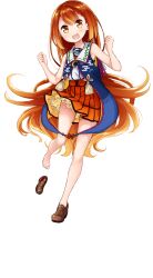 1girl abe_kanari brown_shoes clenched_hands fang full_body hair_between_eyes highres long_hair looking_at_viewer nagaragawa_kagari official_art onsen_musume open_mouth orange_hair orange_skirt pleated_skirt shoes simple_background single_bare_foot skirt solo tassel transparent_background very_long_hair yellow_eyes