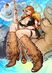 Rule 34 | 1girl, 1other, baseball cap, boots, bracelet, braid, breasts, brown boots, brown eyes, brown skirt, cape, cleavage, cleavage cutout, clima-tact, clothing cutout, cloud, commentary, crop top, eyeshadow, fake trading card, fingernails, full body, fur cape, fur leg warmers, giant, gold bracelet, half-closed eyes, hat, high heel boots, high heels, holding, holding staff, in palm, jewelry, large breasts, leather, leather boots, leg warmers, long fingernails, long hair, looking at viewer, louten, makeup, midriff, miniskirt, multiple bracelets, nail polish, nami (one piece), nami (one piece) (elbaf), navel, numbered, official alternate costume, one eye closed, one piece, open mouth, orange eyeshadow, orange hair, orange nails, out of frame, outline, sharp fingernails, sheath, sheathed, single braid, sitting, skirt, smile, sound effects, staff, star (symbol), sword, sword on back, thigh strap, tongue, tongue out, weapon, weapon on back, white outline, zeus (one piece)