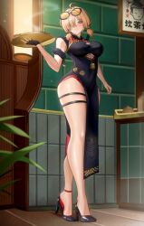 Rule 34 | 1girl, absurdres, anklet, armpit crease, black shoes, breasts, china dress, chinese clothes, clothing cutout, dress, eyelashes, eyewear on head, feet, full body, hair over one eye, heel pop, high heels, highres, holding, holding tray, impossible clothes, impossible dress, indoors, jewelry, large breasts, legs, long legs, looking at viewer, one eye covered, pelvic curtain, pink eyes, puppnet, shoes, short twintails, skindentation, solo, steam, stiletto heels, sweety (zenless zone zero), thick thighs, thighlet, thighs, tinted eyewear, toe cleavage, tray, twintails, underboob, underboob cutout, zenless zone zero
