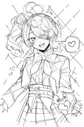 1girl ahoge belt bow collared_shirt english_text engrish_text eyepatch hair_over_one_eye head_tilt heart heart_ahoge high-waist_skirt highres jacket long_sleeves maria_marionette nijisanji nijisanji_en open_mouth ranguage shirt side_ponytail skirt sleeves_past_wrists smile solo speech_bubble spoken_heart stuffed_animal stuffed_rabbit stuffed_toy suipian_xi_kong_shao virtual_youtuber