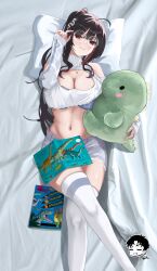 Rule 34 | 1girl, absurdres, ahoge, bare shoulders, black hair, blue bra, blue eyes, blue shorts, book, bra, bra peek, breasts, cleavage, cleavage cutout, closed mouth, clothing cutout, danny marx, denim, denim shorts, detached sleeves, dinosaur, glasses, goddess of victory: nikke, high ponytail, highres, holding, holding stuffed toy, jewelry, large breasts, long hair, long sidelocks, long sleeves, lying, midriff, moran (nikke), moran (off-duty queen) (nikke), multicolored hair, navel, necklace, on back, ponytail, red hair, round eyewear, shirt, shorts, shoulder cutout, sidelocks, smile, stomach, streaked hair, stuffed animal, stuffed dinosaur, stuffed toy, thighhighs, torn clothes, torn shorts, toy dinosaur, underwear, white sleeves, white thighhighs