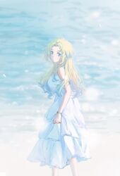 Rule 34 | 1girl, alternate costume, blue eyes, blue hair, closed mouth, curtained hair, dress, feet out of frame, frilled dress, frills, gradient hair, highres, l9525, link! like! love live!, long dress, looking at viewer, looking back, love live!, multicolored hair, osawa rurino, parted bangs, skirt hold, sleeveless, sleeveless dress, smile, solo, virtual youtuber, white dress