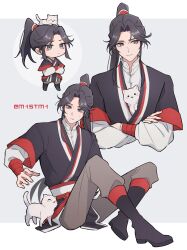 Rule 34 | 1boy, animal, animal in clothes, animal on head, black footwear, black hair, black hanfu, boots, brown pants, cat, cat on head, chibi, chibi inset, chinese clothes, closed mouth, crossed arms, full body, grey eyes, hanfu, high ponytail, highres, long hair, long sidelocks, long sleeves, looking at animal, looking to the side, m1stm1, male focus, mu qing (tianguan cifu), multiple views, on head, pants, parted lips, ponytail, sidelocks, sitting, tianguan cifu, upper body, wide sleeves