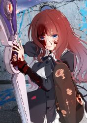 1girl absurdres assault_lily black_ribbon black_skirt blood blood_in_hair blood_on_arm blood_on_clothes blood_on_face blood_on_ground blood_on_leg blood_on_wall bloody_weapon blue_blood blue_eyes breasts brown_hair brown_pantyhose cloud cloudy_sky commentary_request crack cracked_wall cropped_jacket cuts eeryuu_(2004107) embers evening frilled_skirt frills hands_up high-waist_skirt highres holding holding_sword holding_weapon hole_in_wall injury juliet_sleeves kaede_johan_nouvel knee_up large_breasts long_hair long_sleeves neck_ribbon on_ground on_one_knee open_mouth outdoors pantyhose planted planted_sword planted_weapon puffy_sleeves ribbon school_uniform shirt sidelocks skirt sky solo sword thighband_pantyhose torn_clothes torn_pantyhose torn_sleeves v-shaped_eyebrows weapon white_shirt yurigaoka_girls_academy_school_uniform