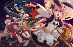 Rule 34 | 1boy, 3girls, :d, altera (fate), altera the santa (fate), ammunition belt, animal, animal ears, artist name, astolfo (fate), astolfo (saber) (fate), astolfo (saber) (third ascension) (fate), basket, bat (animal), bell, black bow, black dress, black gloves, black neckwear, black ribbon, black skirt, blonde hair, blue jacket, bow, bowtie, bradamante (fate), bradamante (second ascension) (fate), candy, candy cane, closed mouth, csyday, dress, epaulettes, fang, fate/grand order, fate (series), florence nightingale (fate), florence nightingale (santa) (fate), flying, food, formal clothes, full moon, fur trim, gloves, green neckwear, hair between eyes, hair bow, hair ribbon, halloween, hat, hippogriff (fate), holding, holding candy, holding food, jacket, juliet sleeves, layered skirt, light trail, long hair, long skirt, long sleeves, looking at another, low twintails, male focus, moon, multicolored jacket, multiple girls, night, open mouth, outdoors, outstretched hand, pantyhose, pink hair, puffy sleeves, purple eyes, rabbit ears, red eyes, red headwear, red jacket, red skirt, red suit, ribbon, riding, santa costume, santa hat, scabbard, sheath, skin fang, skirt, smile, sparkle, suit, syringe, trap, twintails, very long hair, white gloves, white jacket