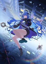 1girl absurdres arknights ass asymmetrical_gloves black_gloves black_horns black_jacket black_shoes black_shorts blue_eyes blue_hair chinese_commentary closed_mouth commentary_request drone full_body gloves grey_gloves halo hand_up highres holding horns index_finger_raised jacket lens_flare long_hair long_sleeves looking_at_viewer mismatched_gloves mostima_(arknights) open_clothes open_jacket purple_jacket rroc_(rrck11) shirt shoe_soles shoes shorts sneakers solo strap t-shirt two-sided_fabric two-sided_jacket unzipped very_long_hair white_halo white_shirt zipper