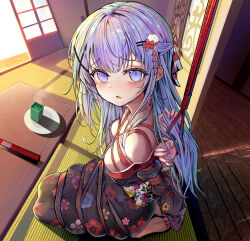 Rule 34 | 1girl, absurdres, arms behind back, bdsm, black kimono, blue eyes, blue hair, blush, bondage, bound, bound legs, bound wrists, breasts, commentary, commentary request, commission, english commentary, floral print, from side, gochuumon wa usagi desu ka?, hair ornament, hairclip, highres, indoors, japanese clothes, kafuu chino, kimono, looking at viewer, looking to the side, medium breasts, mixed-language commentary, open door, parted lips, partial commentary, red rope, restrained, rope, seiza, shibari, sitting, sliding doors, solo, st1911, tatami, wooden floor