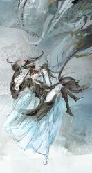 Rule 34 | 2boys, black boots, black hair, black hanfu, boots, carrying, chinese clothes, closed mouth, couple, dizi, falling, faux traditional media, floating hair, flute, full body, grey eyes, hair ribbon, hanfu, headband, highres, holding, holding flute, holding instrument, ink wash painting, instrument, kcllzas163, lan wangji, light particles, long hair, long sleeves, looking at another, male focus, modao zushi, multiple boys, pants, parted lips, ponytail, princess carry, red ribbon, ribbon, robe, smile, third-party source, topknot, transverse flute, wei wuxian, white boots, white hanfu, white headband, white pants, wide sleeves, xiao guan (headdress), yaoi