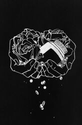 black_background black_flower black_rose bottle cellar_art color_contrast cupping_hands dropping drugs flower greyscale hand_focus highres holding holding_bottle holding_flower incoming_gift monochrome original outstretched_arm own_hands_together pill pill_bottle rose simple_background still_life