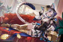 1girl animal_ear_fluff animal_ears black_gloves black_leotard blue_eyes boots breasts cat_ears cat_girl cat_tail cipher_(honkai:_star_rail) coin commentary couch english_commentary fingerless_gloves gloves gold_boots gold_coin grey_hair highres holding holding_coin honkai:_star_rail honkai_(series) indoors large_breasts leotard libero_art looking_at_viewer lying mole mole_on_breast on_couch on_side open_mouth short_hair_with_long_locks shorts solo tail thigh_boots thighs treasure_chest white_shorts