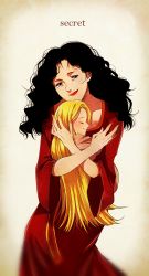 2girls black_hair blonde_hair blush curly_hair disney closed_eyes grey_eyes highres hug libera lipstick long_hair makeup mother_gothel multiple_girls rapunzel_(disney) red_lips smile tangled aged_down