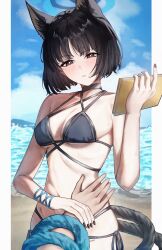 Rule 34 | 1girl, 1other, absurdres, animal ears, bikini, black eyes, black hair, black nails, blue archive, blue bikini, blue halo, blue sky, blush, border, breasts, cat ears, cat girl, cat tail, cleavage, day, halo, highres, kikyou (blue archive), kikyou (swimsuit) (blue archive), medium breasts, multiple tails, nail polish, official alternate costume, oiru (613), outdoors, pov, pov hands, sand, short hair, sky, swimsuit, tail, two tails, water, white border