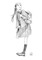 1girl bag blazer bow dated full_body greyscale highres jacket kneehighs long_hair long_sleeves machiinoue monochrome open_mouth original pleated_skirt ponytail school_uniform signature skirt socks solo standing