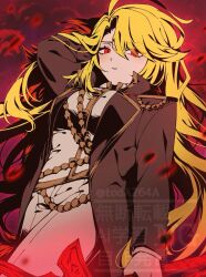 1girl black_coat blonde_hair closed_mouth coat don_quixote_(project_moon) gold_trim highres holding holding_weapon la_manchaland_(identity)_(project_moon) limbus_company long_hair long_sleeves looking_at_viewer pants parted_bangs project_moon red_background red_eyes rug_(yurari606) sancho_(project_moon) shirt simple_background solo standing upper_body weapon white_pants white_shirt