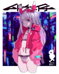 Rule 34 | 1girl, black choker, blue eyes, bra, cameltoe, choker, cityscape, closed mouth, commentary request, cowboy shot, cropped jacket, cropped legs, dot mouth, expressionless, flat chest, grey bra, grey hair, grey panties, headpiece, highres, jacket, long hair, long sleeves, looking at viewer, mudou eichi, navel, open clothes, open jacket, original, panties, pink jacket, sidelocks, sleeves past wrists, solo, underwear