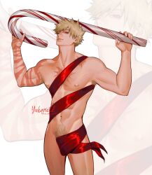 Rule 34 | 1boy, abs, armpit hair, bakugou katsuki, blonde hair, boku no hero academia, candy, candy cane, closed mouth, covered penis, cowboy shot, food, highres, holding, holding candy, holding candy cane, holding food, looking at viewer, male focus, male pubic hair, meme, multiple scars, muscular, muscular male, navel, navel hair, nipples, nude guy wrapped in ribbons standing (meme), pectorals, pubic hair, red eyes, scar, scar on arm, scar on chest, short hair, solo, spiked hair, yukarietd