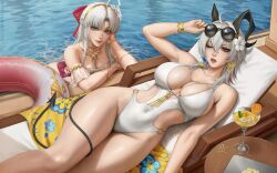 2girls adjusting_eyewear ahoge alternate_costume aqua_eyes artist_name bare_legs bare_shoulders black_horns black_tail bow breasts carlotta_(splashing_summer)_(wuthering_waves) carlotta_(wuthering_waves) casual_one-piece_swimsuit cleavage closed_mouth collarbone commentary covered_navel cup curled_horns dated demon_tail drinking_glass earrings english_commentary flower food fruit gold_hairband grey_hair groin hair_between_eyes hair_bow hair_flower hair_intakes hair_ornament hairband horns jewelry large_breasts legs long_hair looking_at_viewer medium_breasts multicolored_hair multiple_girls official_alternate_costume one-piece_swimsuit one_eye_closed orange_(fruit) orange_slice parted_bangs parted_lips pink_bow pink_one-piece_swimsuit red_eyes sciamano240 signature smile streaked_hair striped_bow swim_ring swimsuit tail tail_around_own_leg thighs very_long_hair wet white_flower white_one-piece_swimsuit wuthering_waves zani_(wuthering_waves)