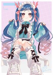 +_+ 1girl black_bow black_nails blue_hair blue_jacket blush bow brown_eyes brown_hair closed_mouth commentary_request fang fang_out gradient_hair hands_up highres holding holding_own_hair jacket jersey_maid long_hair long_sleeves loose_socks maid multicolored_hair nail_polish original puffy_long_sleeves puffy_sleeves purple_background ringlets rino_cnc shoes short_eyebrows sleeves_past_wrists socks solo thick_eyebrows track_jacket twintails unconventional_maid very_long_hair white_shoes white_socks