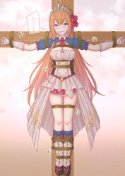1girl ahoge ascot bdsm blue_eyes blush bondage boots bound braid breasts cleavage cloth_gag crucifixion crying crying_with_eyes_open dress furaifish gag gagged gloves highres improvised_gag large_breasts long_hair looking_at_viewer orange_hair pecorine_(princess_connect!) princess_connect! red_ascot restrained shibari shibari_over_clothes shrug_(clothing) solo speech_bubble tears thighs tiara translation_request trembling very_long_hair white_boots white_dress white_gloves