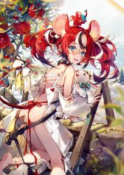 1girl :d alternate_costume animal animal_ear_fluff animal_ears anklet apron ass back bare_shoulders barefoot between_buttocks black_hair blue_bow blue_eyes blush bow butt_crack collar colored_tips commentary day dice_hair_ornament dimples_of_venus fang feet flower food fruit goat hair_between_eyes hair_ornament hakos_baelz hieihirai highres hololive hololive_english jewelry kneeling leaf long_hair looking_at_viewer looking_back median_furrow mouse_(animal) mouse_ears mouse_girl mouse_tail mr._squeaks_(hakos_baelz) multicolored_hair naked_apron open_mouth outdoors plant pomegranate red_hair red_ribbon ribbon shiny_skin shoulder_blades smile soles solo spiked_collar spikes streaked_hair tail tail_bow tail_ornament tree twintails uneven_twintails virtual_youtuber white_bow white_hair