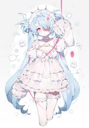 ... 1girl :o absurdres ahoge arm_at_side arm_up artist_request bare_shoulders blank_speech_bubble blue_hair blue_outline bow breasts bright_pupils choker cleavage commission commissioner_name cowboy_shot criss-cross_halter cropped_legs detached_collar detached_sleeves dot_nose dress ghost ghost_hair_ornament grey_background hair_intakes halterneck highres layered_dress lolita_fashion long_hair mole mole_on_breast one-eyed original outline pale_skin parted_lips pink_eyes second-party_source short_dress signature sleeves_past_fingers sleeves_past_wrists small_breasts sparkle speech_bubble spiked_choker spikes spoken_ellipsis thighhighs twintails two_side_up white_bow white_choker white_dress white_pupils white_thighhighs wing_collar zettai_ryouiki