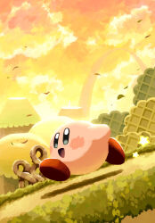 arch aruco_co blue_eyes blush_stickers cloud cloudy_sky colored_skin commentary_request gradient_sky grass highres hill in-universe_location kirby kirby_(series) kirby_star_allies leaf looking_ahead nintendo no_humans open_mouth orange_sky outdoors pink_skin plant_roots red_shoes running shadow shoes sky smile solo star_(symbol) sunset wind yellow_sky