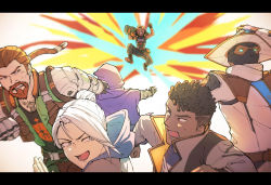 1girl 4boys animification backwards_hat baseball_cap black_hair blue_eyes breach_(valorant) clenched_hands cypher_(valorant) dark-skinned_female dark-skinned_male dark_skin dreadlocks explosion facial_hair goatee grey_jacket hat hood jacket jett_(valorant) mechanical_arms multiple_boys omen_(valorant) open_mouth orange_hair phoenix_(valorant) ponytail raze_(valorant) running senpi silver_hair undercut v-shaped_eyebrows valorant white_headwear