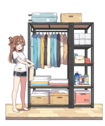 Rule 34 | 1girl, :d, bag, bare legs, barefoot, black shirt, black shorts, blue shirt, blush, breasts, brown eyes, brown hair, brown shoes, clothes hanger, dolphin shorts, double bun, hair bun, handbag, hatsunatsu, long hair, open mouth, original, rolling suitcase, shirt, shoes, short shorts, short sleeves, shorts, simple background, small breasts, smile, solo, suitcase, two side up, unworn shirt, white background, white shirt, wooden floor, yellow shirt