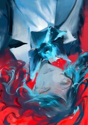 Rule 34 | 1girl, ado (utaite), blue bow, blue bowtie, blue eyes, blue flower, blue hair, blue rose, bow, bowtie, chando (ado), commentary request, floating hair, flower, highres, long hair, mole, mole under eye, npo5l, parted lips, red background, rose, solo, upper body, upside-down, utaite