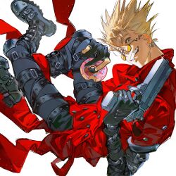 atiti_(ttttt945) belt blonde_hair boots coat donut earrings fingerless_gloves food gloves gun handgun highres jewelry mole mole_under_eye multiple_belts orange-tinted_eyewear prosthesis prosthetic_arm red_coat revolver round_eyewear single_earring spiked_hair tinted_eyewear trigun vash_the_stampede weapon