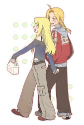 Rule 34 | 1boy, 1girl, absurdres, ahoge, asae (1313604a), blonde hair, blush stickers, braid, braided ponytail, closed eyes, edward elric, full body, fullmetal alchemist, hashtag-only commentary, highres, holding, holding pastry bag, hood, hoodie, jacket, long hair, pastry bag, red jacket, shoes, smile, sneakers, walking, winry rockbell, yellow eyes