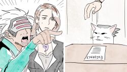 ace_attorney bad_id bad_pixiv_id black_suit brown_hair cat catuoon godot_(ace_attorney) green_suit mia_fey phoenix_wright suit white_hair woman_yelling_at_cat_(meme)