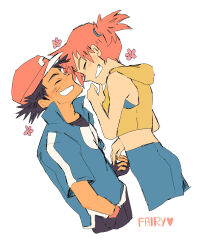 Rule 34 | 1boy, 1girl, ash ketchum, baseball cap, blush, closed eyes, crop top, denim, denim shorts, fairybees, hat, hetero, highres, jacket, misty (pokemon), nintendo, orange hair, pokemon, pokemon (anime), pokemon (classic anime), pokemon hs16, pokemon xy (anime), red hat, short-sleeved jacket, short sleeves, shorts, side ponytail, sleeveless, sleeveless jacket, white background